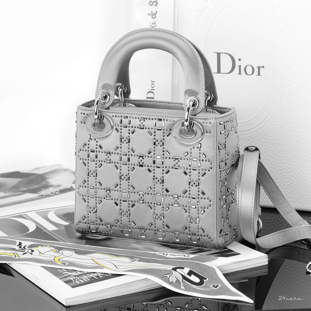 Mini Lady Dior Bag In Grey Cannage Satin With Rhinestones