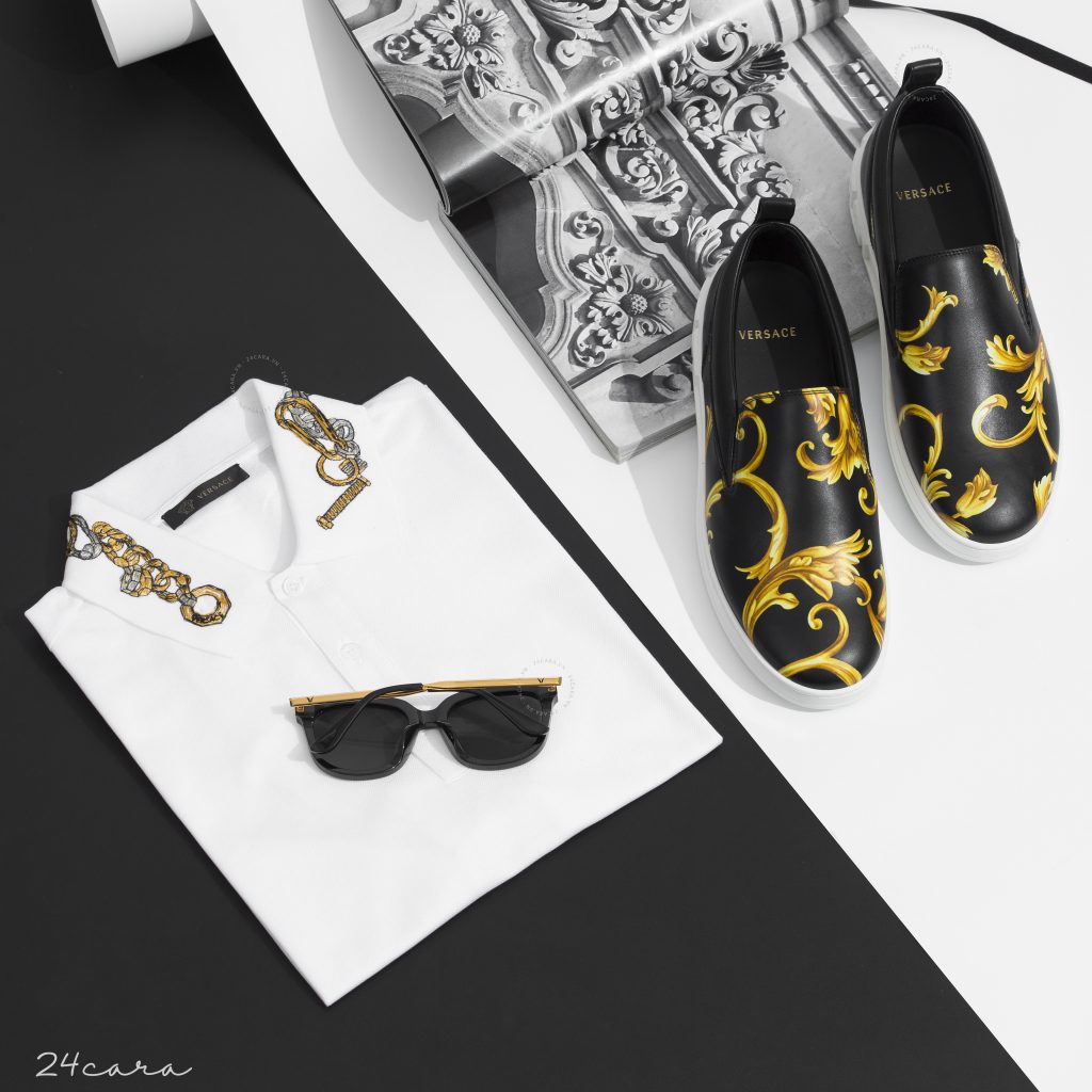 VERSACE GOLD BAROQUE LEATHER SLIP ON