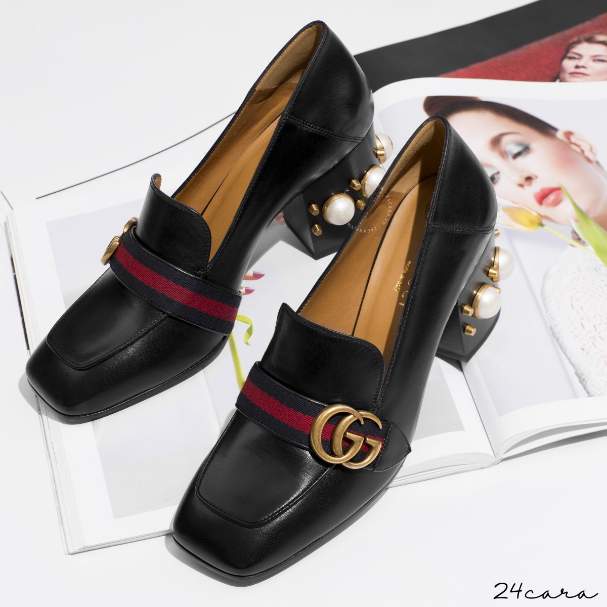 GUCCI LEATHER MID-HEEL LOAFER