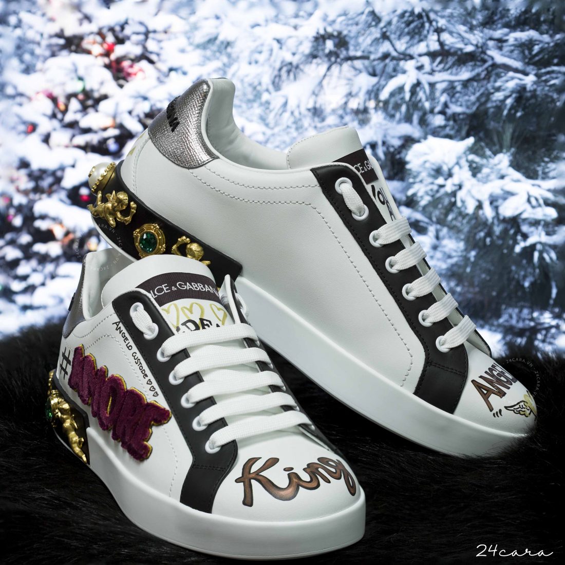 DOLCE & GABBANA PORTOFINO SNEAKERS IN PRINTED CALFSKIN WITH PATCH AND APPLIQUES