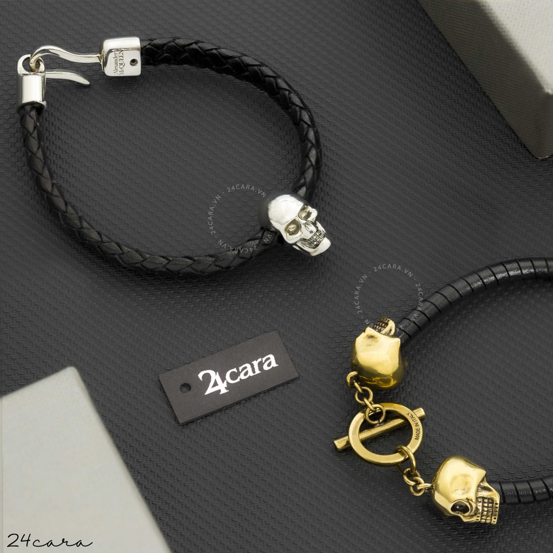 ALEXANDER MCQUEEN GOLD SKULL LEATHER BRACELET