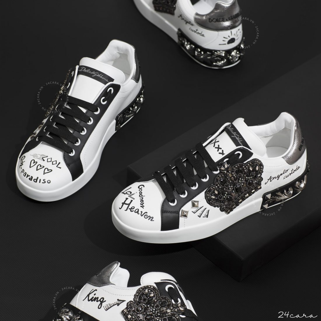 DOLCE PRINTED CALFSKIN PORTOFINO SNEAKER WITH PATCH