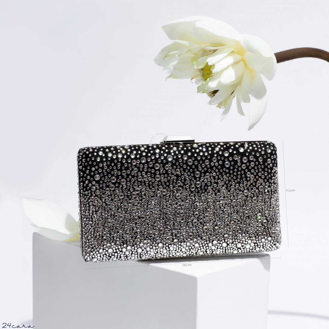 JIMMY CHOO CLEMMIE BLACK SUEDE WITH SILVER DEGRADE CRYSTAL HOTFIX CLUTCH BAG