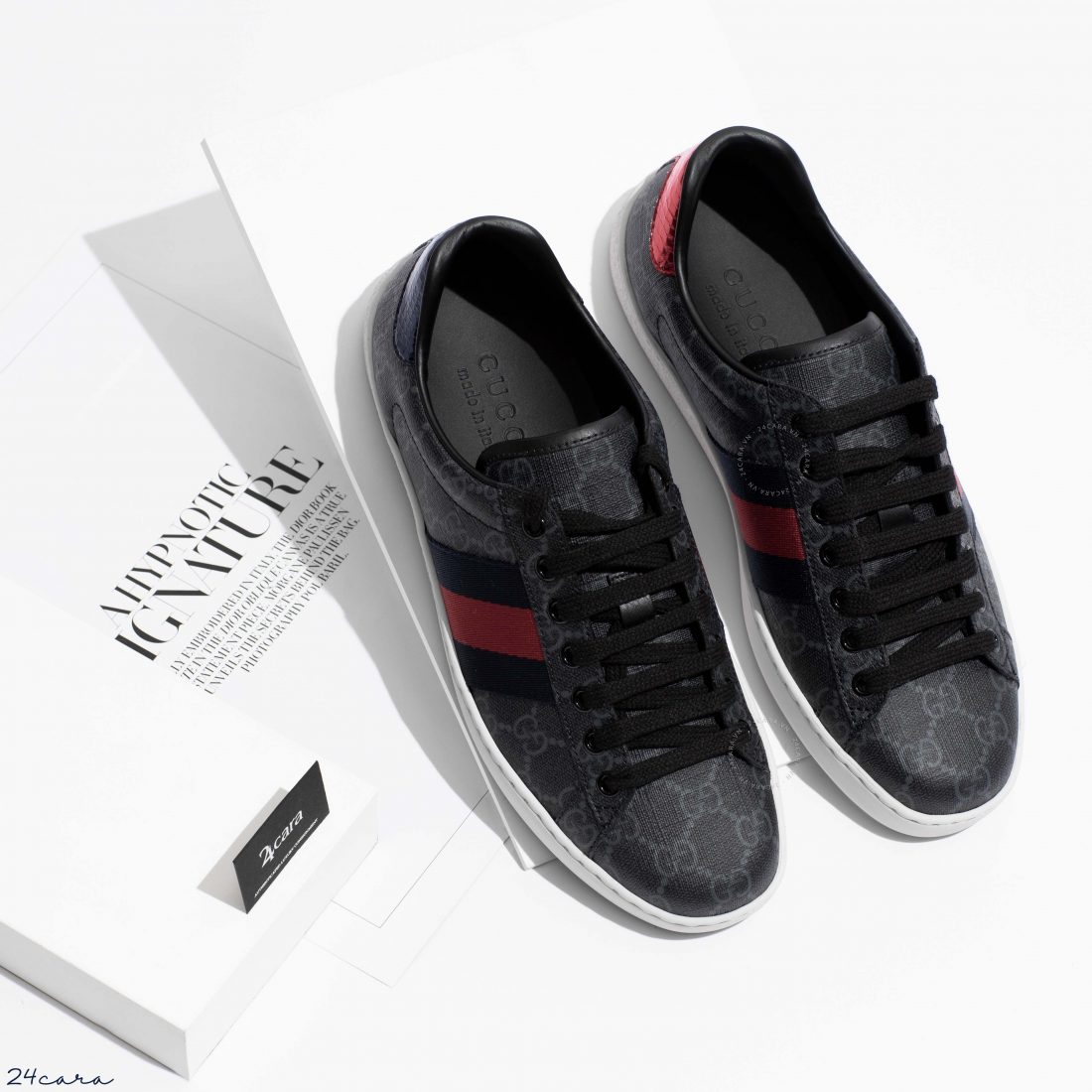 GUCCI GG BLACK SUPREME LOW TOP WITH WEB SNEAKERS