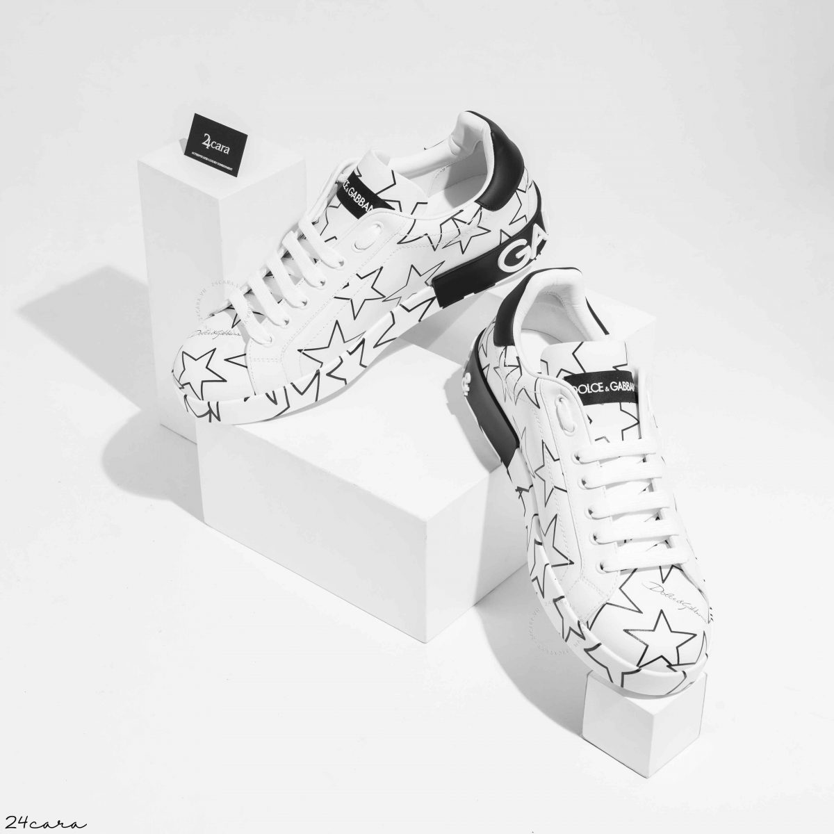 DOLCE & GABBANA MIXED STAR PRINT PORTOFINO SNEAKERS IN NAPPA LEATHER